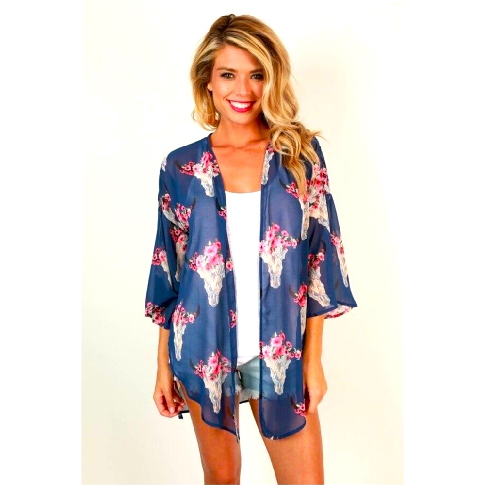 Fringe Clothing Boho Blue Sheer Cow Skull With Pink Flowers Kimono Large